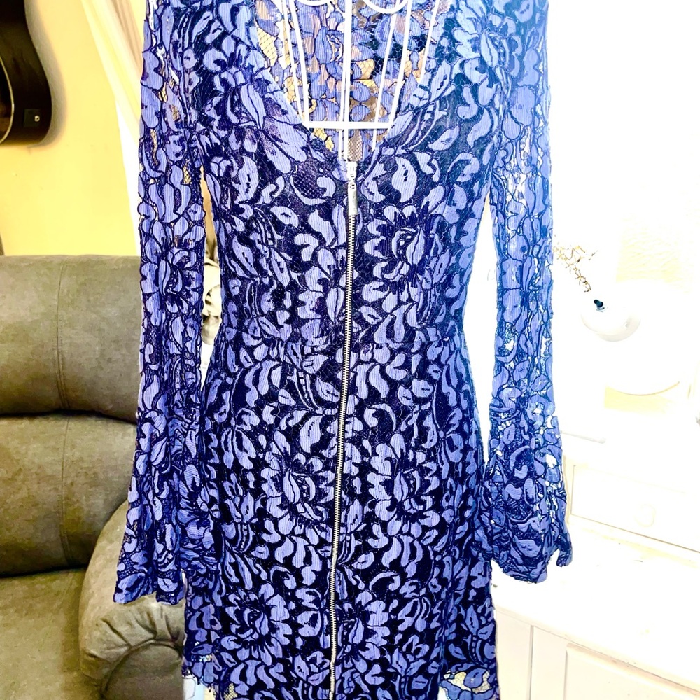 Vintage/Y2K Blue Floral Lace Long-baby-bell sleeves Metal Zip Front Dress -SZ 6